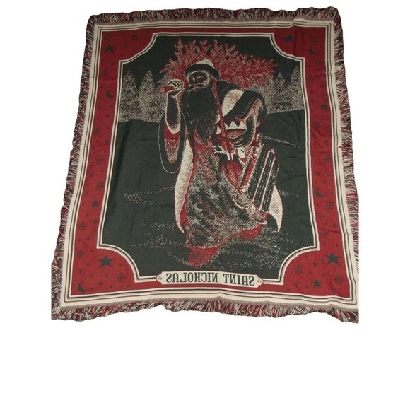 Saint Nicholas Throw Blanket 48"x60" Christmas afghan fringe wall hanging beige - Picture 3 of 4